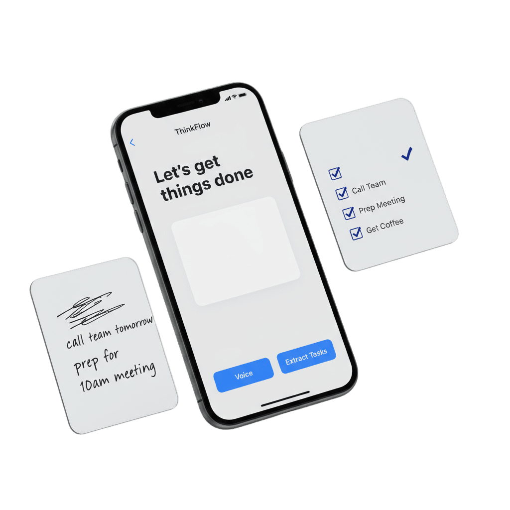 ThinkFlow mobile app interface showcasing AI-powered task management, organization tools, and productivity features on iPhone
